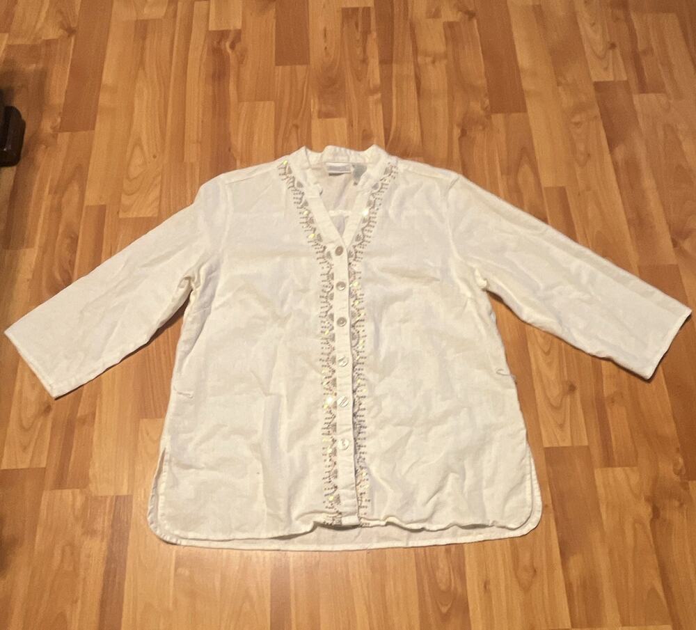 ERIKA Women's M Blouse White Linen/Cotton Woven Solid V-Neck 3/4 Sequin Trim